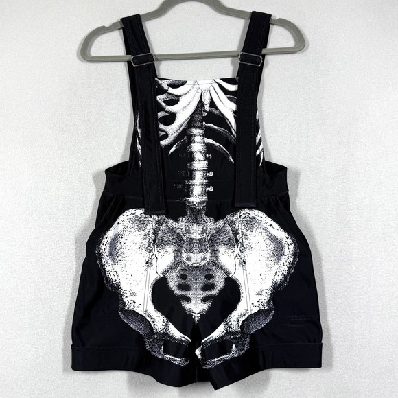 Black Milk Pants - Black Milk Overalls Womens Medium Black Ribs Shorts Romper Skeleton Print Goth
